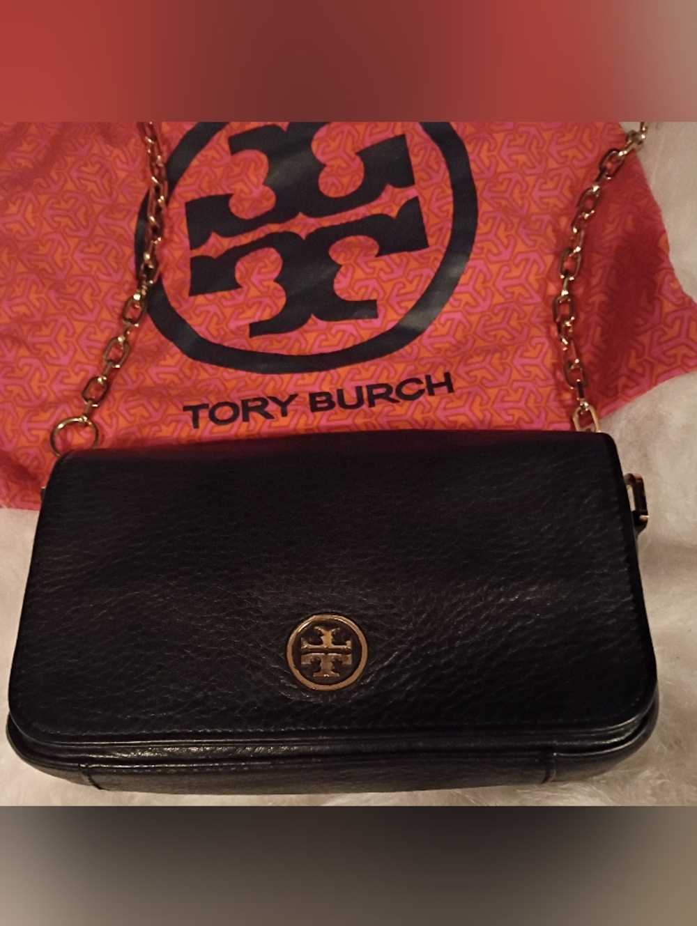 Tory Burch Black Leather Crossbody with Gold Logo Chain